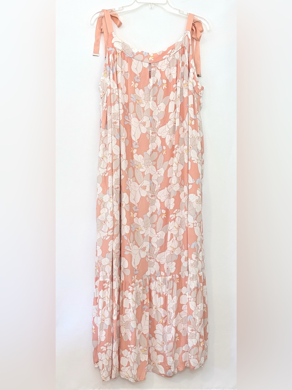 Boho Floral Maxi Dress XL Coral Pink Tie Shoulder Ruffle Tiered Vacation Summer